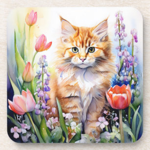 Watercolor Orange  Kitty Cat In Flower Garden Coaster