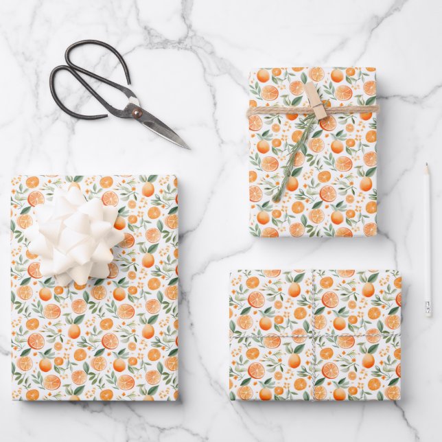 Watercolor Orange & Leaves on White  Wrapping Paper Sheet (Front)