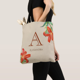 Watercolor Orange Lily Floral Art Monogram Tote Bag