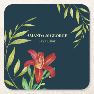 Watercolor Orange Lily Illustration Dark Turquoise Square Paper Coaster