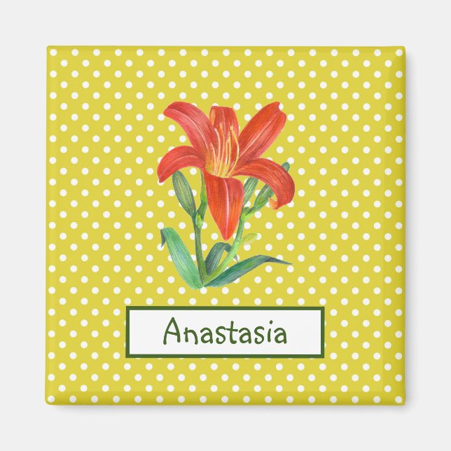 Watercolor Orange Lily Lemon Green Polka Dots Magnet (Front)