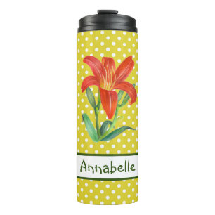 Watercolor Orange Lily Lemon Green Polka Dots Thermal Tumbler