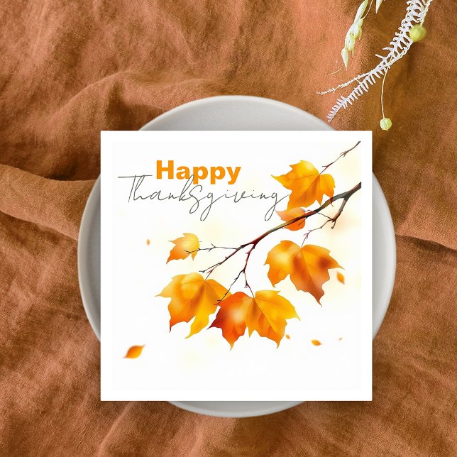 Watercolor Orange Maple Leaves Happy Thanksgiving Napkin (Creator Uploaded)