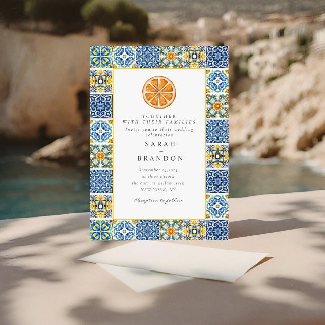 Watercolor Orange Mediterranean Blue tile Wedding  Invitation (Creator Uploaded)