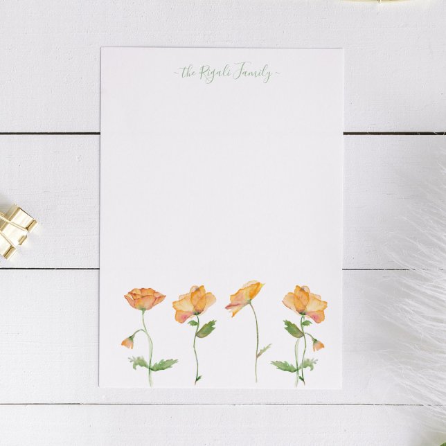 Watercolor Orange Poppies Personalized Stationery Card (note card with watercolor poppies in shades of orange personalized with your name.)