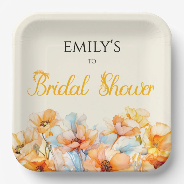 Watercolor Orange Poppy Bloom bridal shower  Paper Plate (Front)