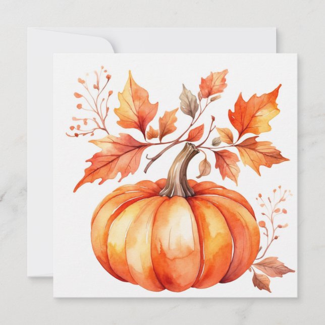 Watercolor Orange Pumpkin and Autumn Leaves  Card (Front)