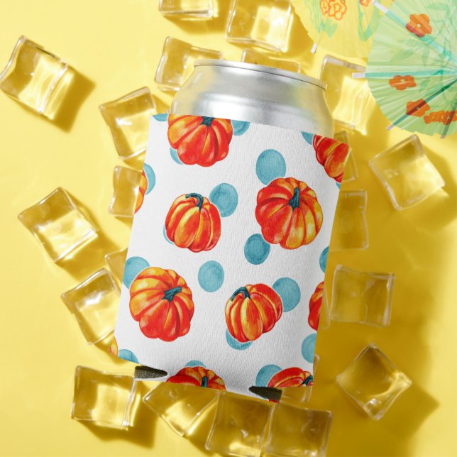 Watercolor Orange Pumpkins Blue Polka Dots Can Cooler (In Situ Summer)