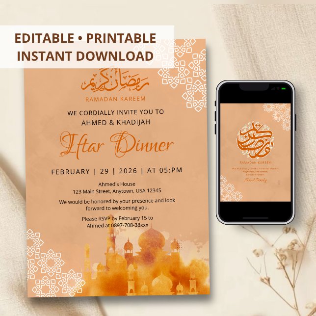 Watercolor Orange Sunset Mosque Iftar Dinner Invitation (Creator Uploaded)