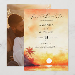 Watercolor Orange Sunset Palm Beach Wedding Save The Date