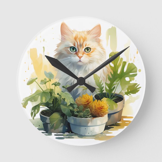 WATERCOLOR ORANGE TABBY CAT WITH FLOWERS ROUND CLOCK (Front)