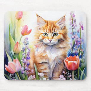 Watercolor Orange Tabby Kitty Cat In Flower Garden Mouse Pad