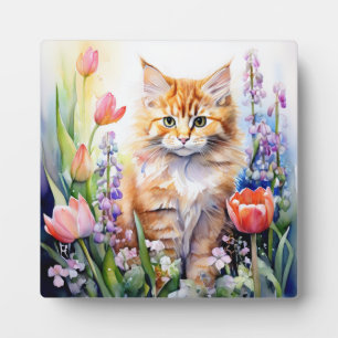 Watercolor Orange Tabby Kitty Cat In Flower Garden Plaque