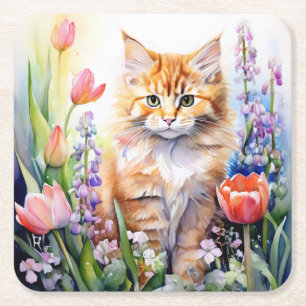 Watercolor Orange Tabby Kitty Cat In Flower Garden Square Paper Coaster