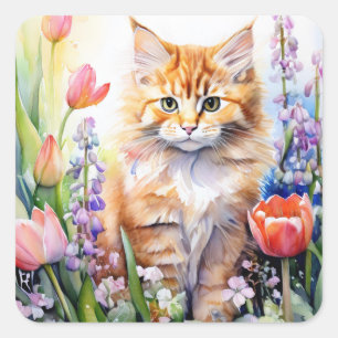 Watercolor Orange Tabby Kitty Cat In Flower Garden Square Sticker