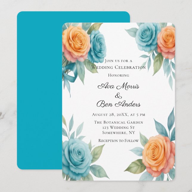 Watercolor Orange & Teal Roses Wedding Invitation (Front/Back)