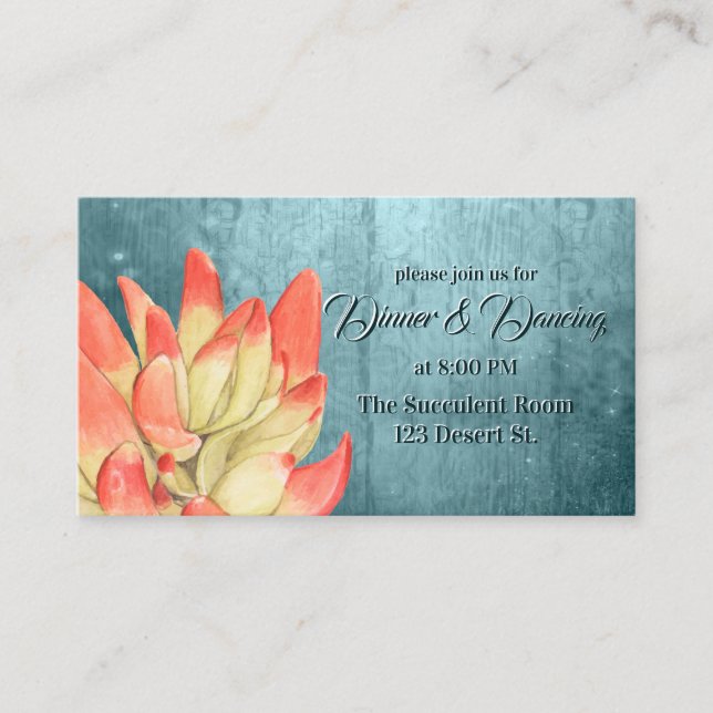 Watercolor Orange-tipped Succulent teal Reception Enclosure Card (Front)