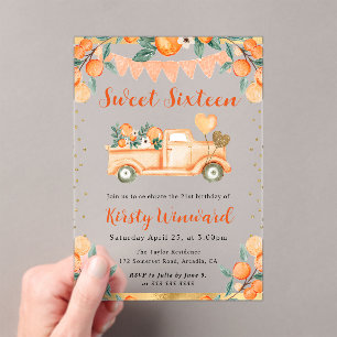 Watercolor Orange Truck and Flowers Sweet Sixteen Acrylic Invitations