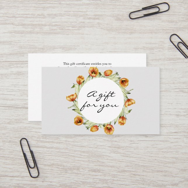 Watercolor orange tulips wreath gift card (Front/Back In Situ)
