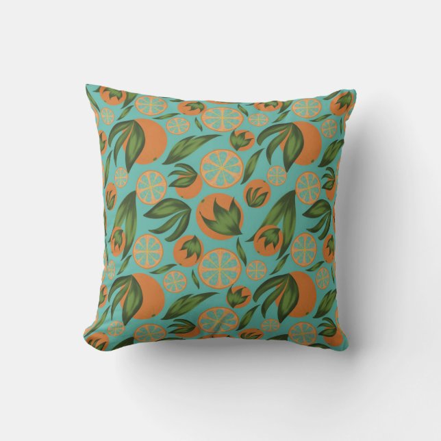 Watercolor Orange Turquoise Botanical Pattern  Cushion (Front)