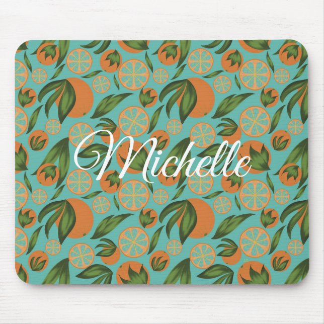Watercolor Orange Turquoise Botanical Personalised Mouse Pad (Front)
