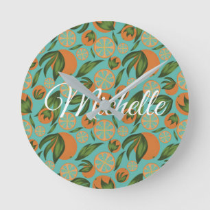 Watercolor Orange Turquoise Botanical Personalised Round Clock