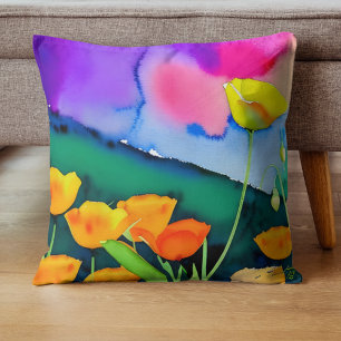 Watercolor Orange Yellow Poppies with Green Pink Cushion