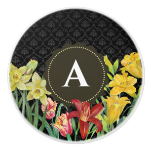 Watercolor Orange Yellow Spring Flowers Damask Ceramic Knob