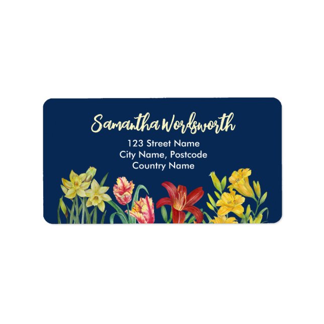 Watercolor Orange Yellow Spring Flowers Navy Blue  Label (Front)