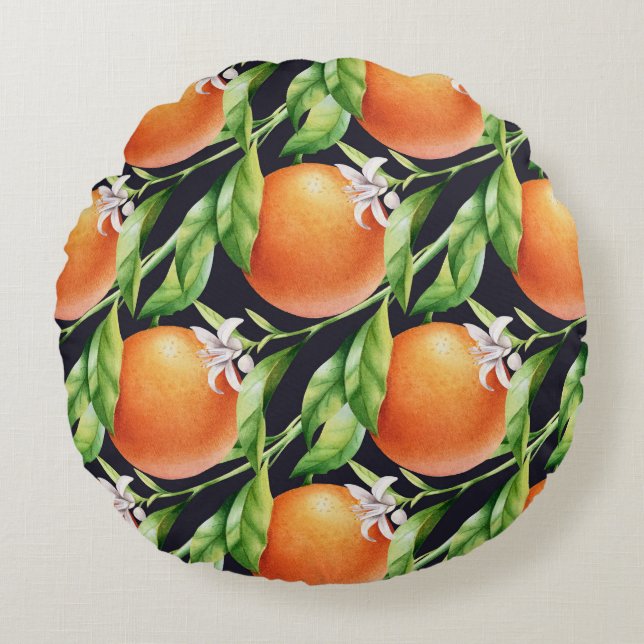 Watercolor Oranges: Citrus Seamless Pattern Round Cushion (Front)