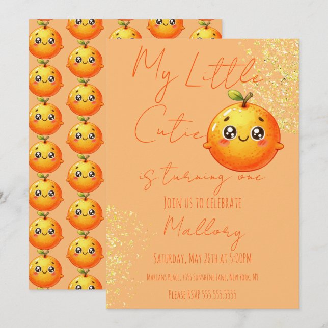 Watercolor Oranges First Cute Birthday  Invitation (Front/Back)