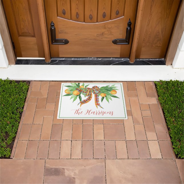 Watercolor Oranges Plaid Bow Christmas Doormat (Outdoor)