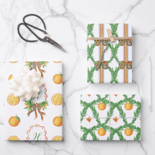 Watercolor Oranges Plaid Bow Christmas Monogram Wrapping Paper Sheet