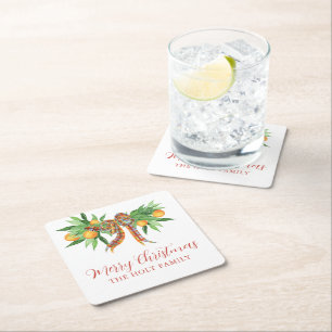 Watercolor Oranges Plaid Bow Christmas Square Paper Coaster