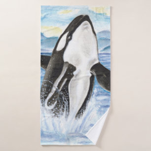 Watercolor Orca Whale Breaching Bath Towel Set