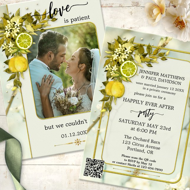 Watercolor Orchard Photo Wedding Reception Only Invitation (Happily ever after wedding party invitation featuring watercolor citrus fruits on blossoming leaves )