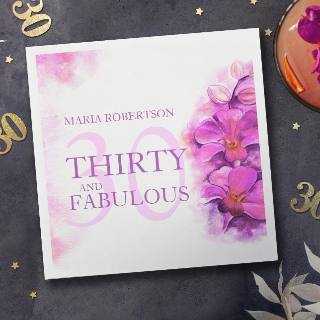Watercolor orchid flower 30th birthday custom name napkin (Creator Uploaded)