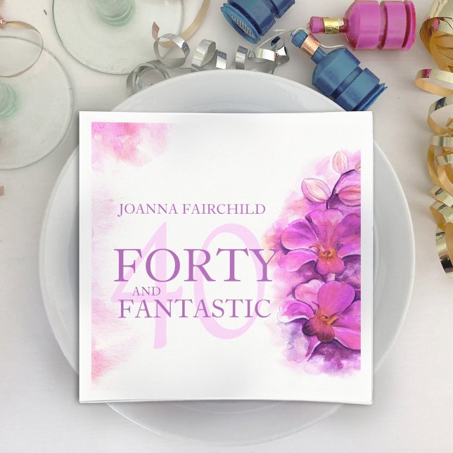 Watercolor orchid flower 40th birthday custom name napkin (Creator Uploaded)