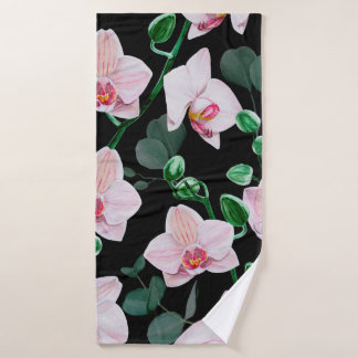 Watercolor orchid flowers and eucalyptus leaves pa bath towel