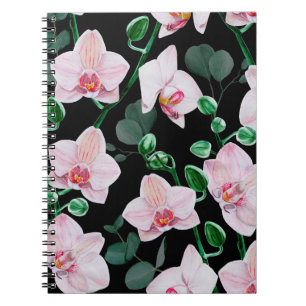 Watercolor orchid flowers and eucalyptus leaves pa notebook