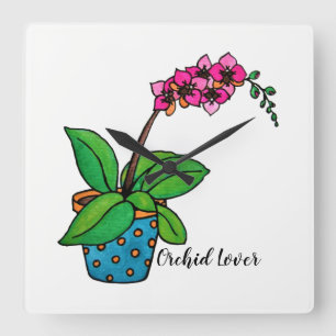 Watercolor Orchid Plant In Beautiful Pot Square Wall Clock