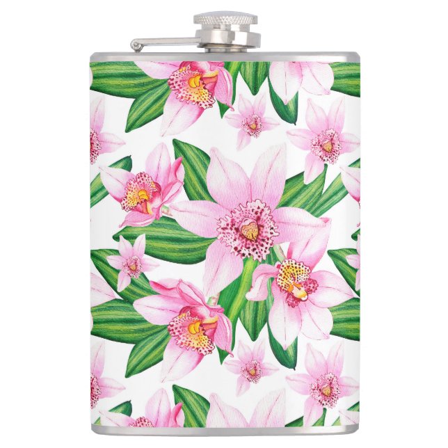 Watercolor Orchids Design 12  Hip Flask (Front)