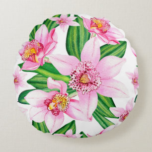 Watercolor Orchids Design 12 Round Cushion