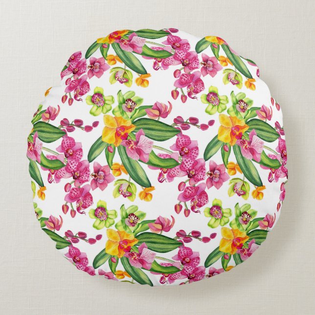 Watercolor Orchids Design 18 Round Cushion (Front)