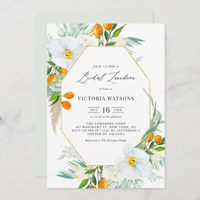 Watercolor Orchids & Kumquats Gold Bridal Luncheon Invitation (Front/Back)