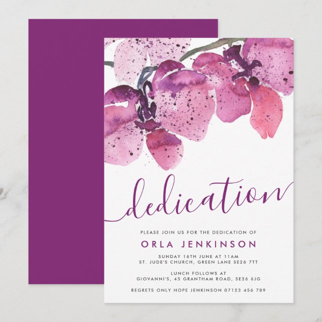 Watercolor Orchids Purple Dedication Invitation (Front/Back)
