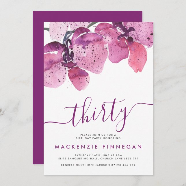 Watercolor Orchids Purple Thirtieth Birthday Party Invitation (Front/Back)