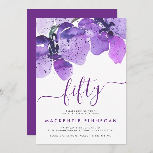 Watercolor Orchids Violet Fiftieth Birthday Party Invitation (Front/Back)