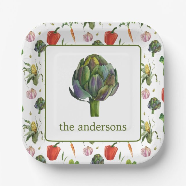 Watercolor Organic Produce Artichoke Paper Plate (Front)
