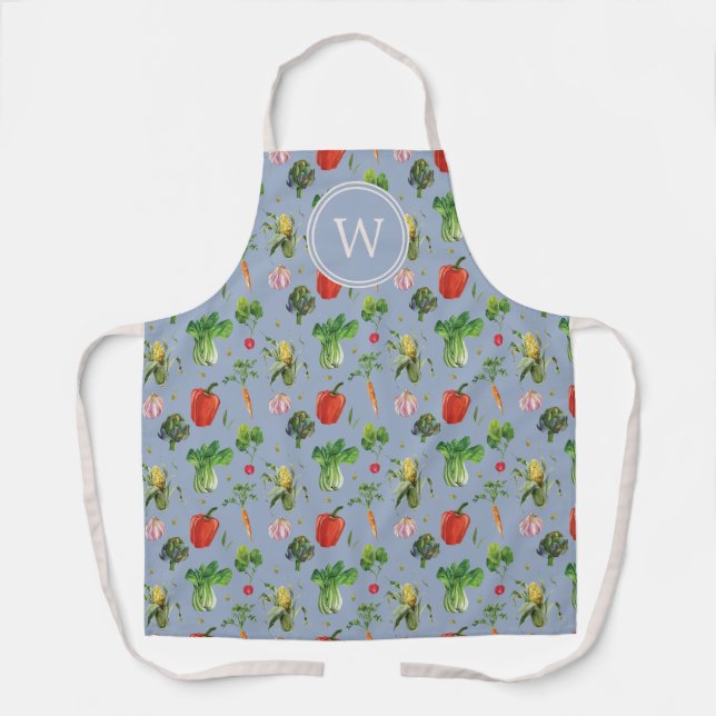 Watercolor Organic Vegetables Monogram Apron (Front)